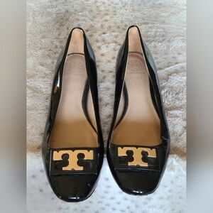 Tory Burch Glossy Black Flats with Gold Emblem